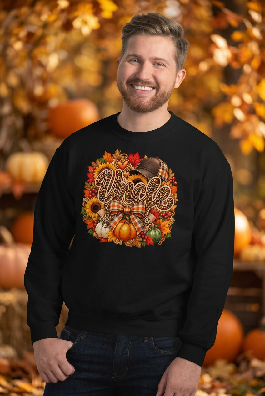 A smiling man wearing a black crewneck sweatshirt with a colorful autumn-themed graphic that reads 'Uncle' surrounded by pumpkins, fall leaves, and a plaid bow. He is standing against a white painted brick wall.