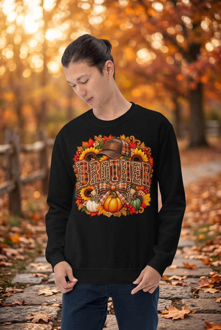 A man wearing a black crewneck sweatshirt with a large, colorful autumn-themed graphic on the chest that reads 'BROther' in a plaid pattern, surrounded by pumpkins, sunflowers, and fall leaves. The photo is taken against a clean white background.