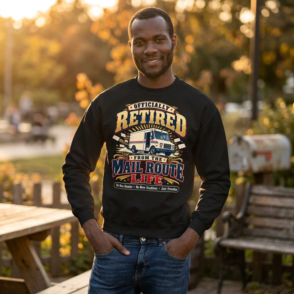 A man wearing a black crewneck sweatshirt with a large graphic print that reads 'Officially Retired From the Mail Route Life' with a semi-truck illustration, paired with blue jeans, against a plain white background.
