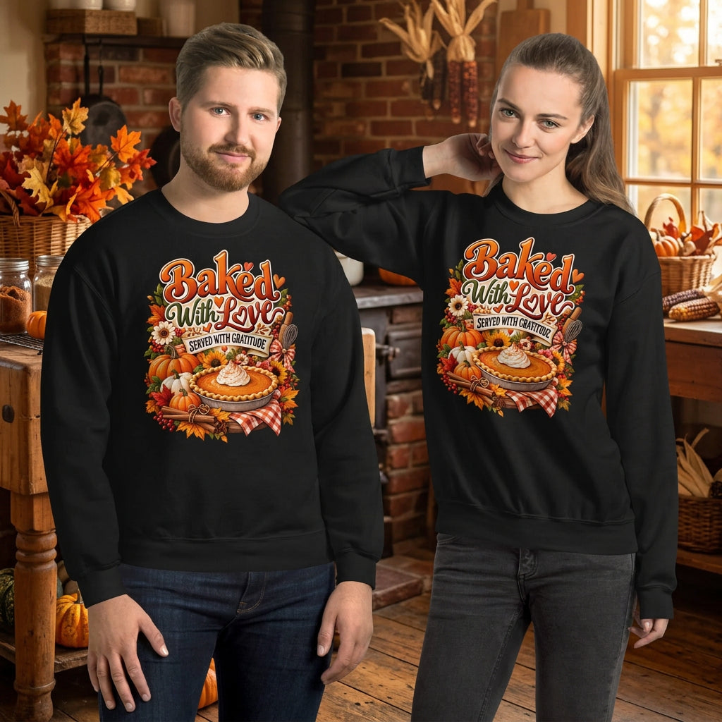 A man and a woman modeling matching black crewneck sweatshirts with a colorful autumn-themed graphic that reads 'Baked With Love' and features a pie illustration with pumpkins, fall leaves, and a checkered napkin.
