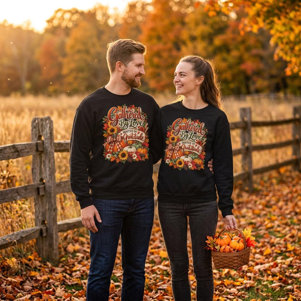 Gathered By Love Thanksgiving Sweatshirt, Rooted In Gratitude Fall Crewneck, Pumpkin Autumn Graphic Pullover, Unisex Holiday Gift