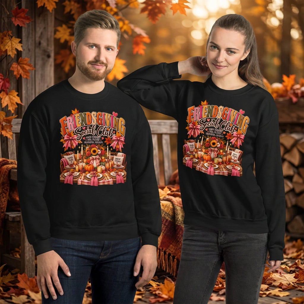A man and a woman modeling matching black crewneck sweatshirts with a colorful 'Freelancing Social Club' Thanksgiving table graphic on the front, set against a plain white background.