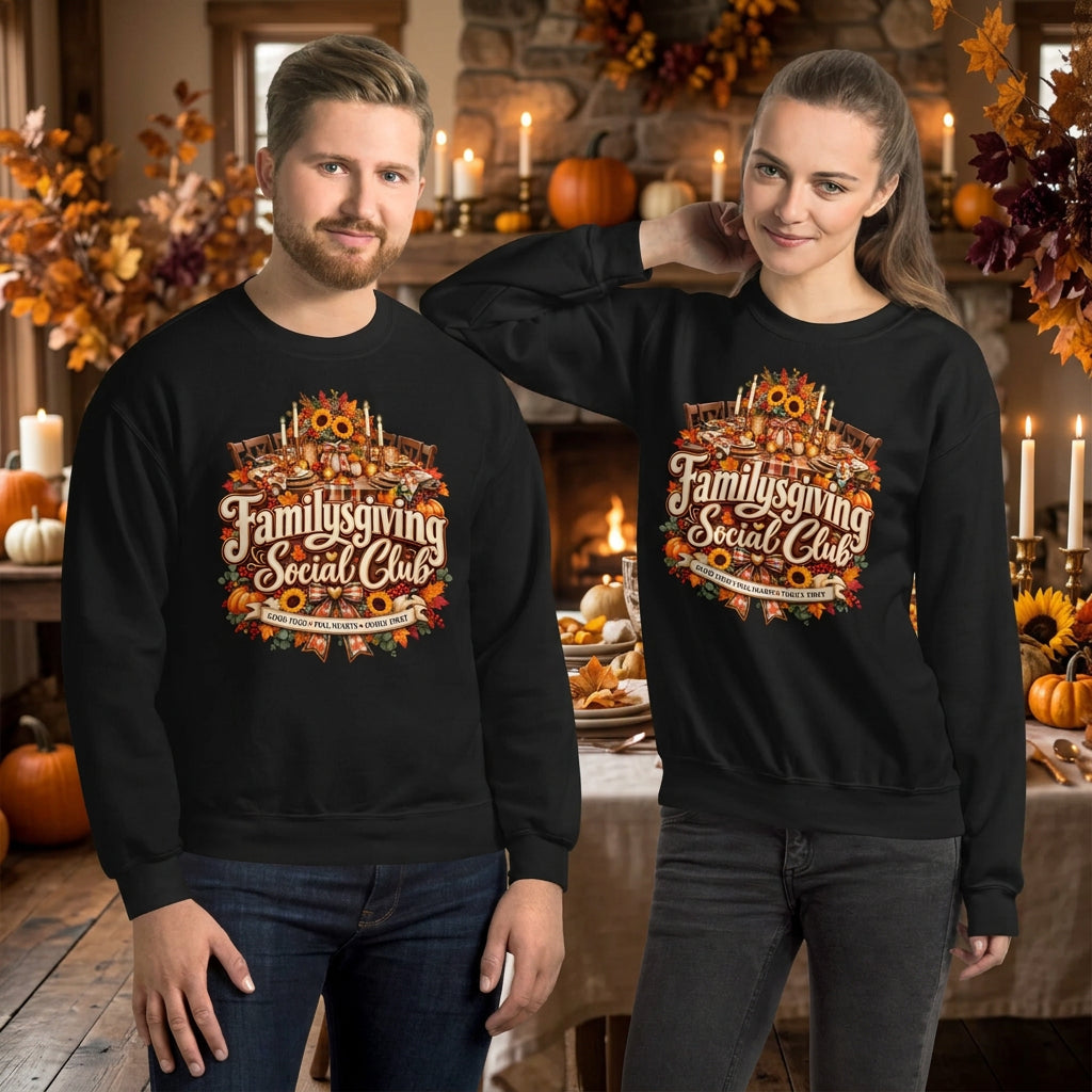 A man and a woman modeling matching black crewneck sweatshirts with a humorous graphic that reads 'PASS THE GRAVY KEEP YOUR OPINIONS' and features a dino skeleton illustration.