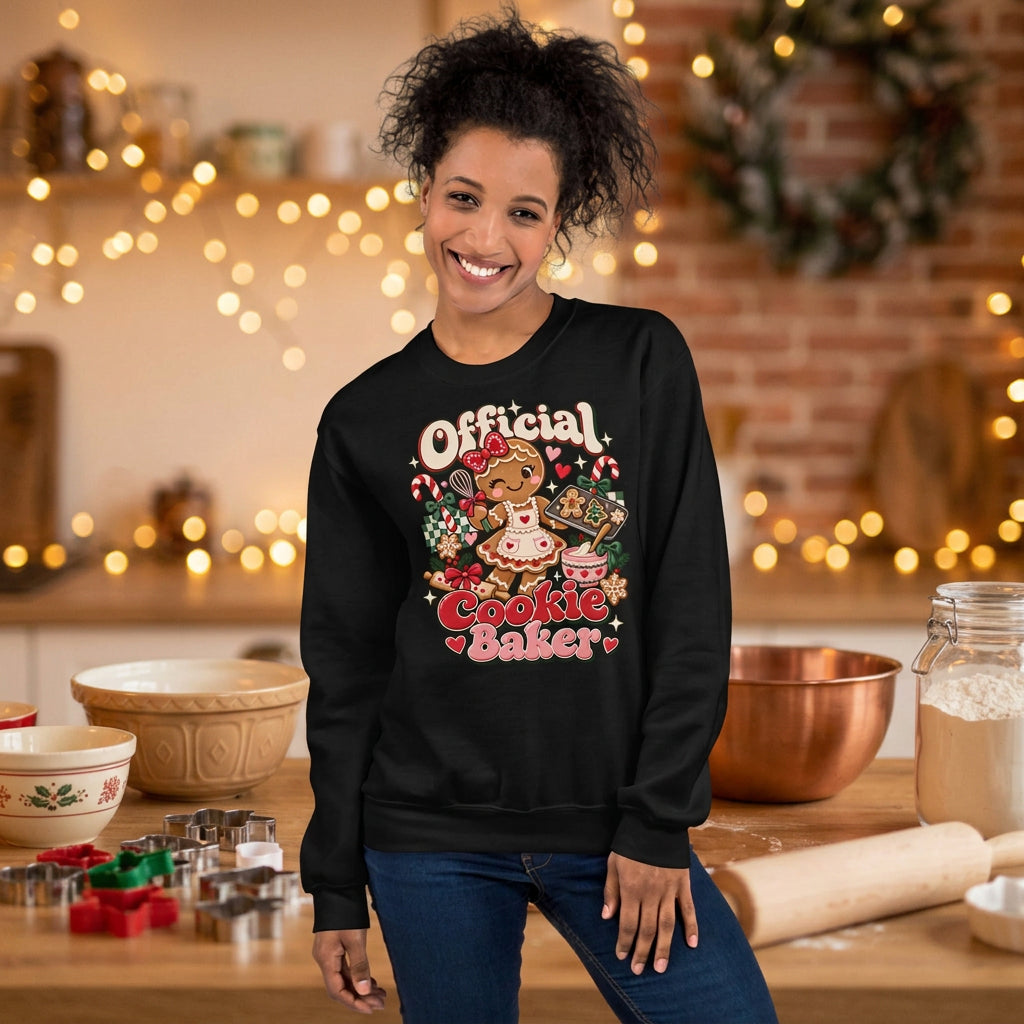 A woman wearing a black crewneck sweatshirt with a colorful graphic that reads 'Official Cookie Baker' featuring a gingerbread man and cookie illustrations, paired with blue jeans against a two-tone gray and beige background.