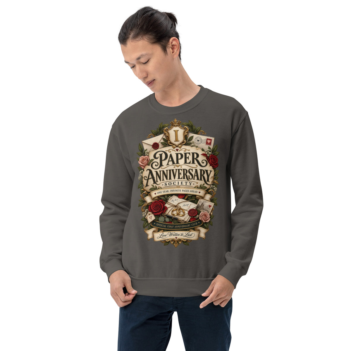 Paper Anniversary Society sweatshirt in Charcoal, front