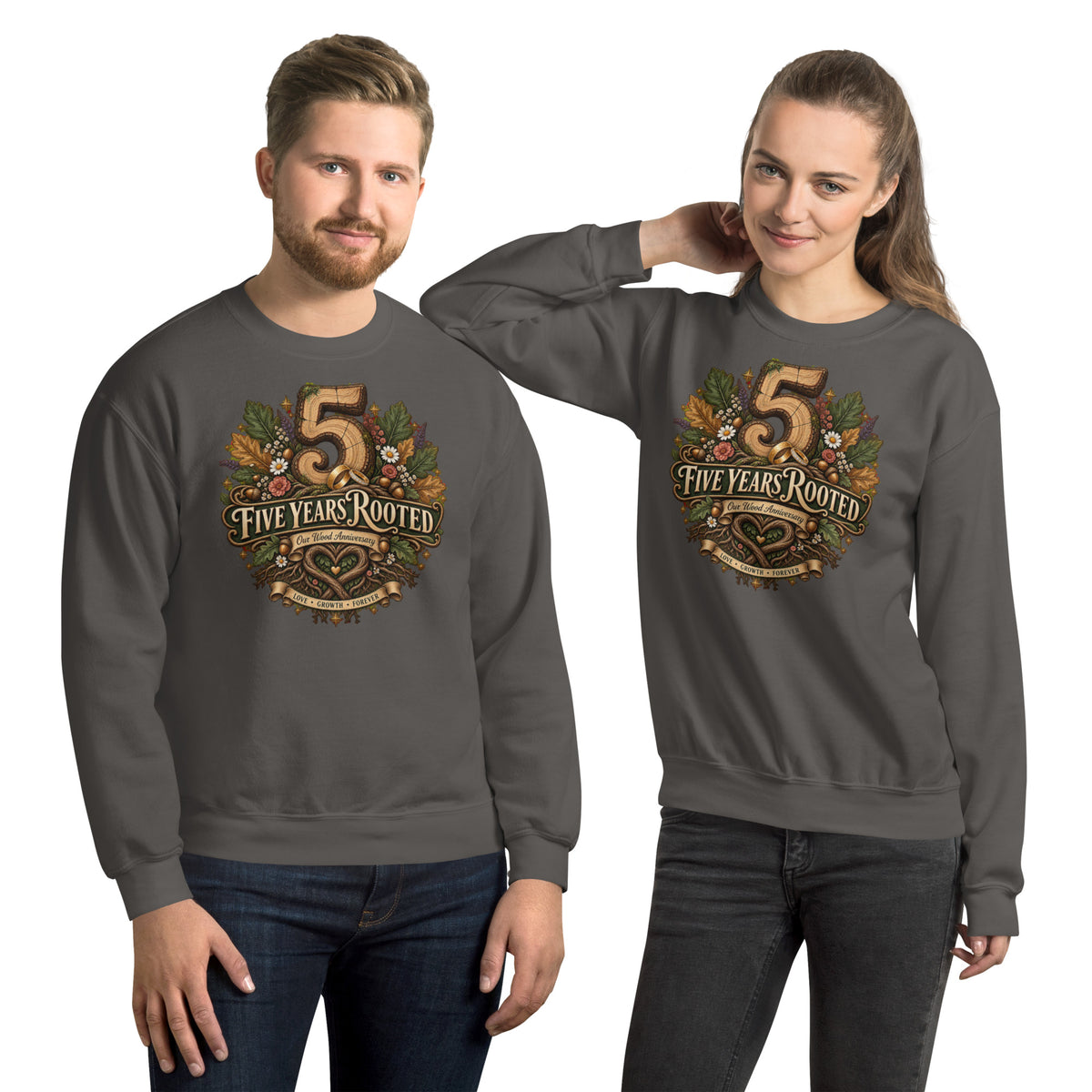Five Years Rooted 5th Anniversary sweatshirt in Charcoal, front