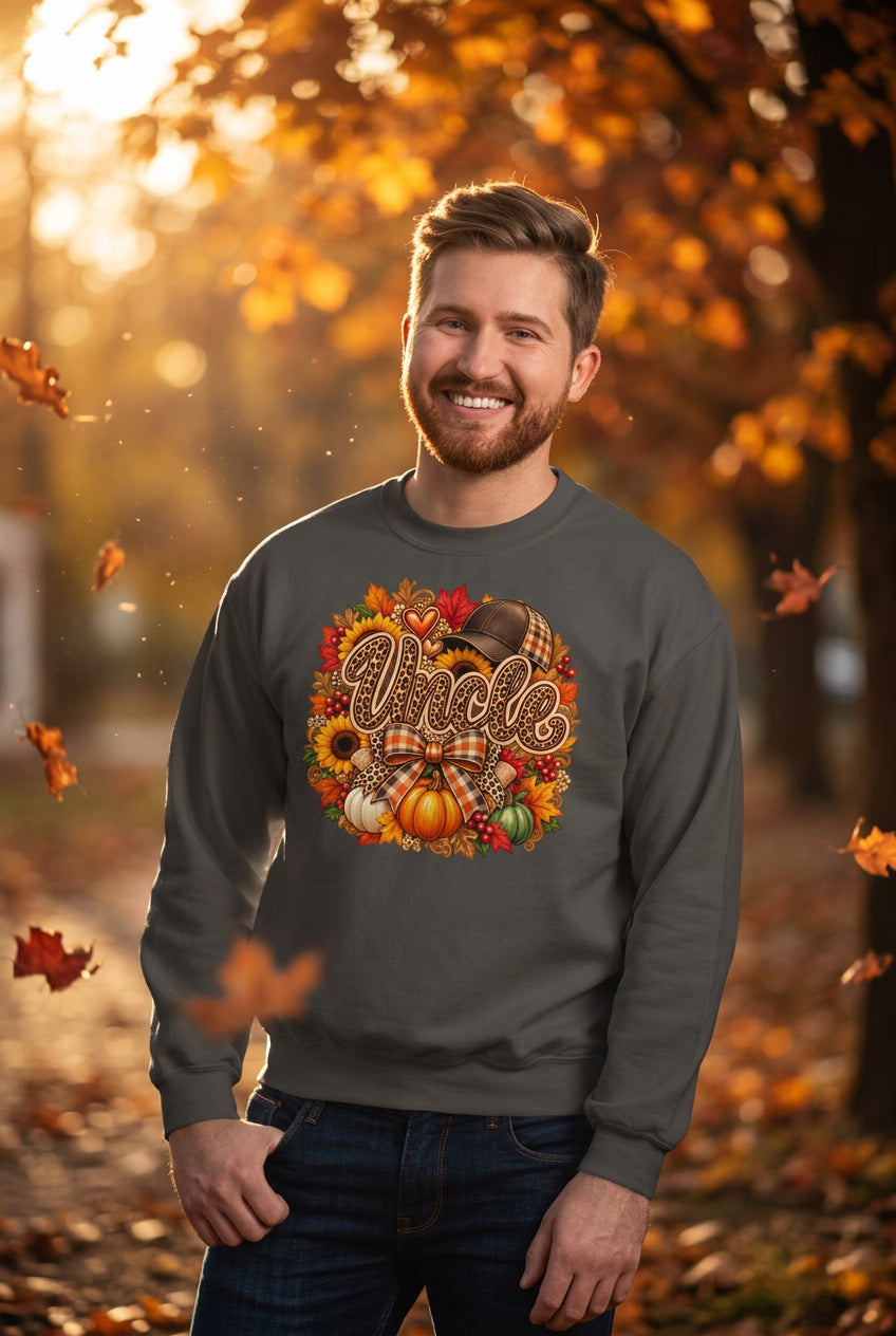 A smiling man wearing a dark gray crewneck sweatshirt with a colorful autumn-themed graphic that reads 'Uncle' surrounded by pumpkins, fall leaves, and a plaid bow. He is standing against a white painted brick wall.