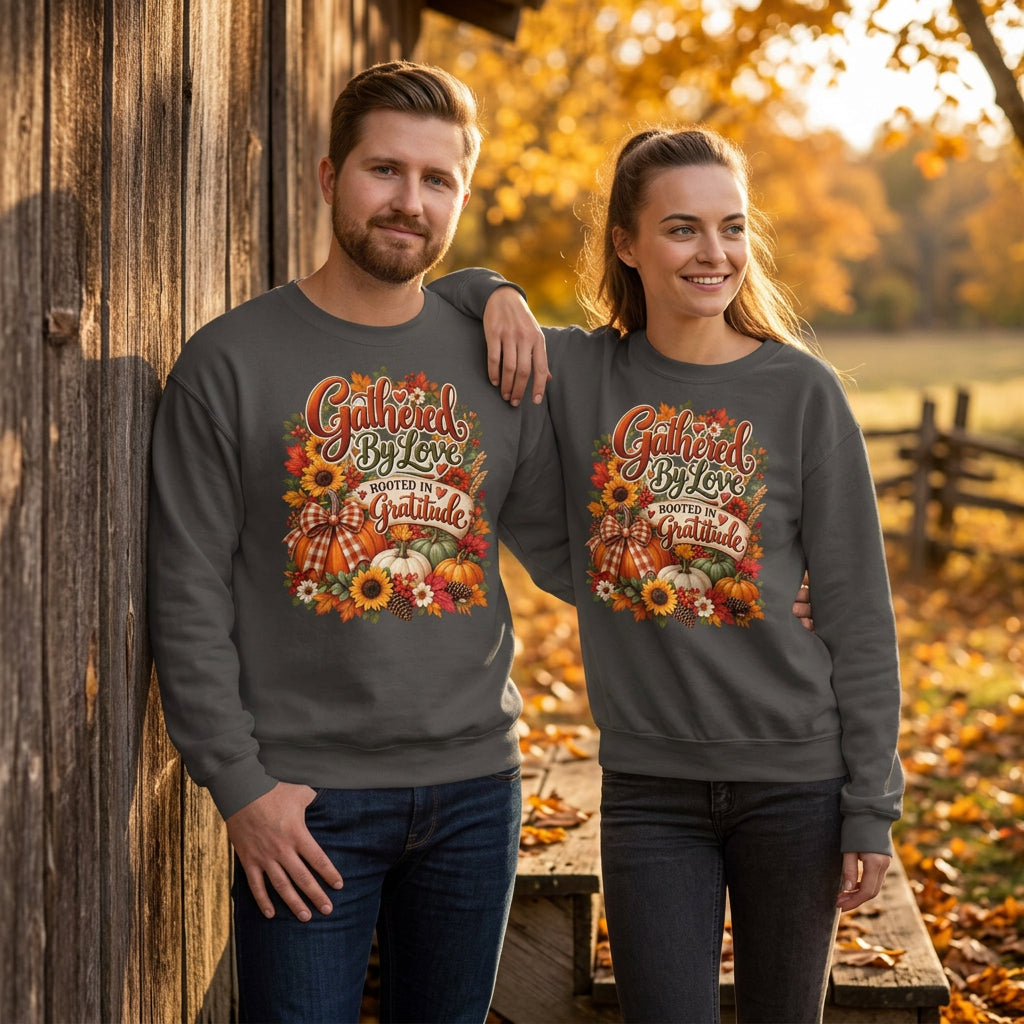 A man and a woman modeling matching dark gray crewneck sweatshirts with a colorful autumn-themed graphic that reads 'Gathered By Love Mooted By Gratitude' with pumpkins, sunflowers, and fall leaves.