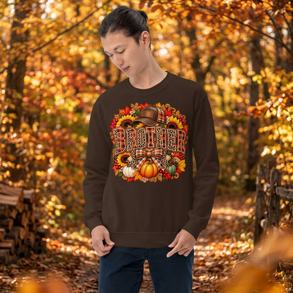 A man wearing a dark brown crewneck sweatshirt with a colorful autumn-themed graphic that reads 'BROTHER' in a plaid pattern, surrounded by pumpkins, sunflowers, and fall leaves. He is standing against a plain white background.