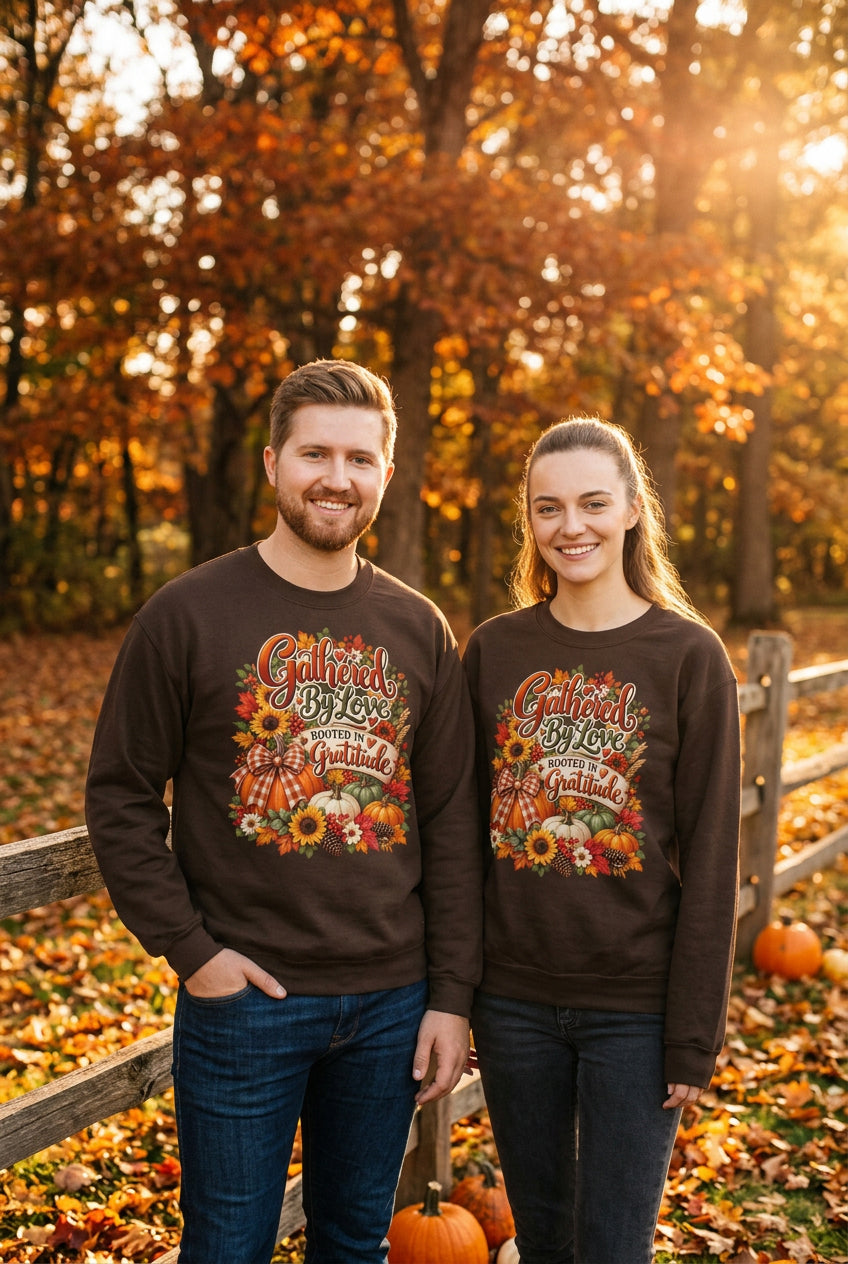 A man and a woman modeling matching dark brown crewneck sweatshirts with a colorful autumn-themed graphic that reads 'Gathered By Love, Rooted In Gratitude' with pumpkins, fall leaves, and sunflowers.