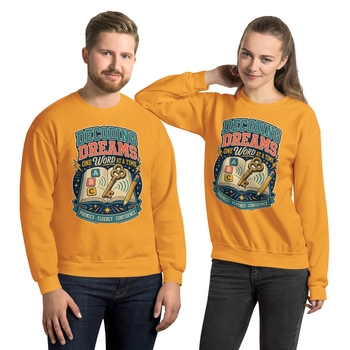 Decoding Dreams Reading Teacher sweatshirt in Gold, front