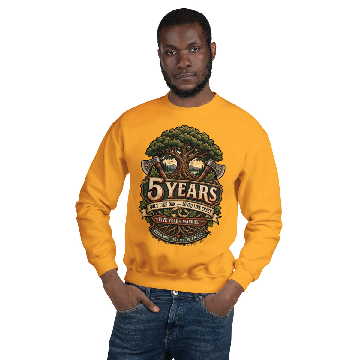 Built Like Oak 5th Anniversary sweatshirt in Gold, front