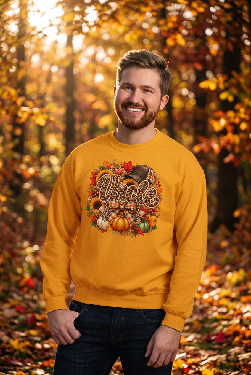 A smiling man wearing a bright yellow-orange crewneck sweatshirt with a colorful autumn-themed graphic that reads 'Uncle' surrounded by pumpkins, leaves, and a plaid bow. He is standing against a white painted brick wall.