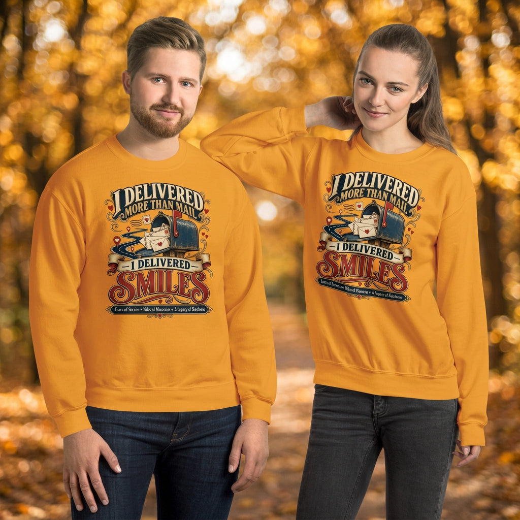 A man and a woman modeling matching bright yellow crewneck sweatshirts with a vintage-style graphic that reads 'I DELIVERED MORE THAN NAIL' and 'I DELIVERED SMILES'.