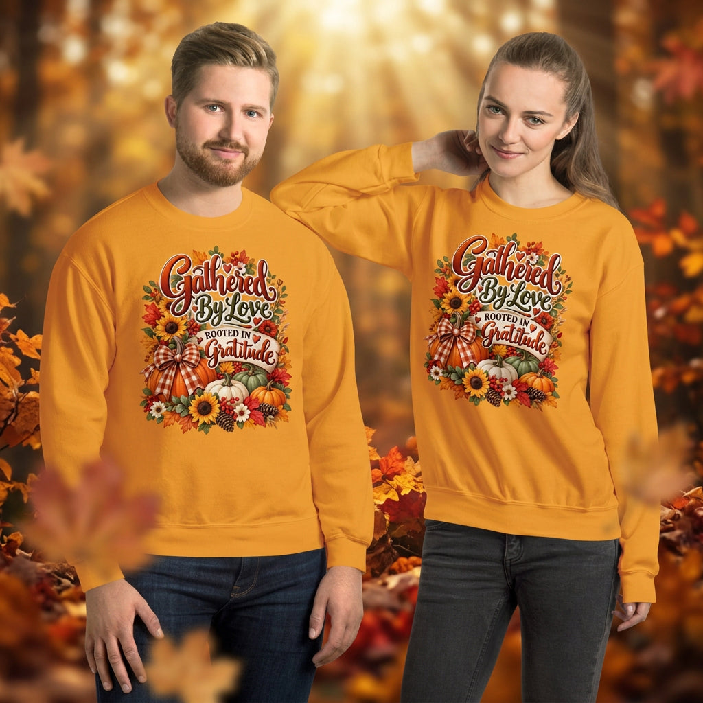A man and a woman modeling matching golden yellow crewneck sweatshirts with a colorful autumn-themed graphic that reads 'Gathered By Love, Rooted In Gratitude' surrounded by pumpkins, sunflowers, and fall leaves.