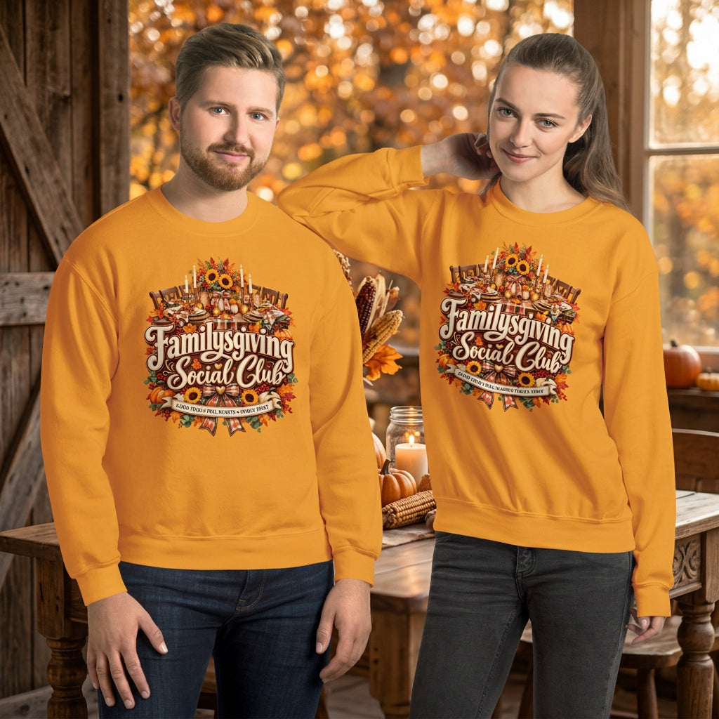 Familysgiving Social Club Sweatshirt, Thanksgiving Family Crewneck, Good Food Full Hearts Family First, Fall Graphic Pullover