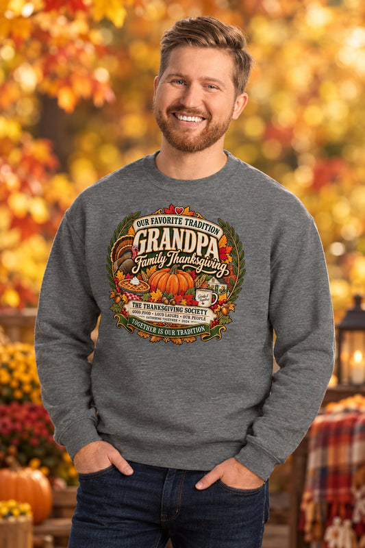 A smiling man wearing a heather gray crewneck sweatshirt with a colorful 'Grandpa Family Thanksgiving' graphic, standing against a white brick wall.