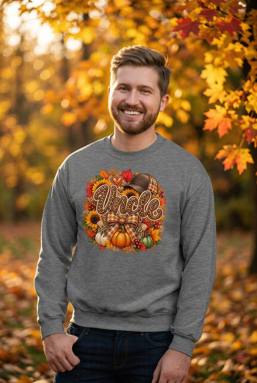 A smiling man wearing a heather gray crewneck sweatshirt with a colorful autumn-themed graphic that reads 'Uncle' surrounded by pumpkins, fall leaves, and a plaid bow. He is standing against a white painted brick wall.