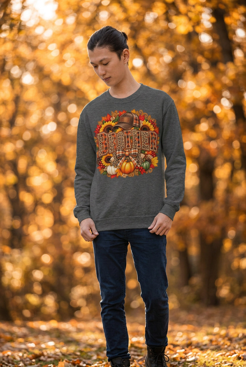 A man wearing a heather gray crewneck sweatshirt with a large, colorful autumn-themed graphic on the chest that reads 'BROTHER' in a plaid pattern, decorated with pumpkins, sunflowers, and a hat. He is standing against a plain white background.