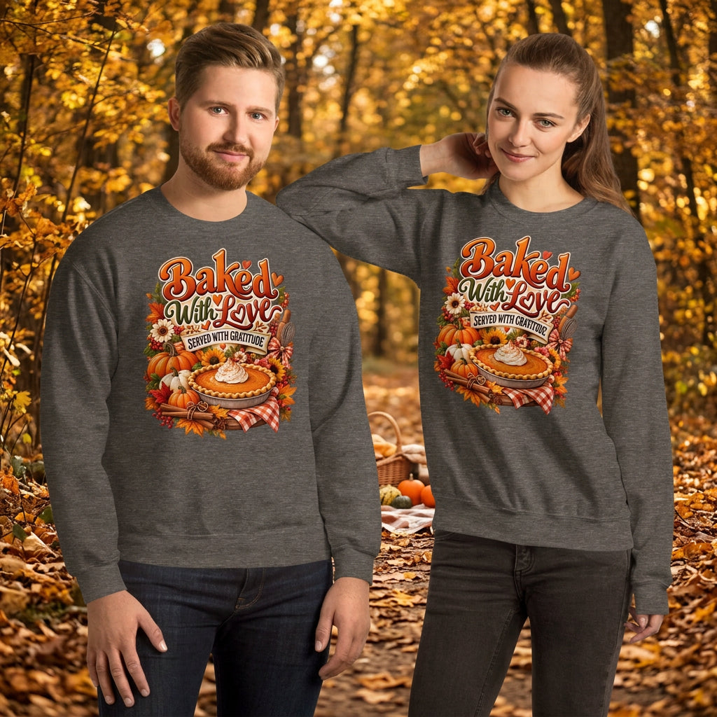 A man and a woman modeling matching heather gray crewneck sweatshirts with a large autumn-themed graphic on the chest that reads 'Baked With Love' around a pie illustration.