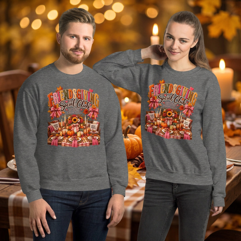 A man and a woman modeling matching heather gray crewneck sweatshirts with a colorful graphic on the front that reads 'FREEDOM Social Clubs' above a festive table illustration, set against a plain white background.