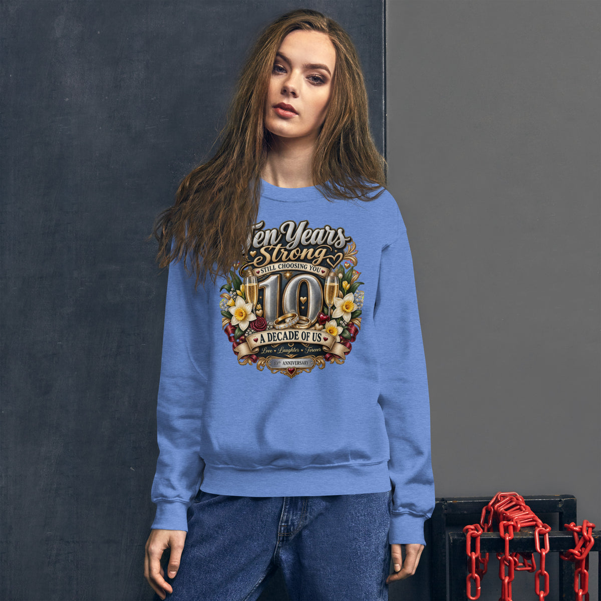 Ten Years Strong 10th Anniversary sweatshirt in Heather Deep Royal, front