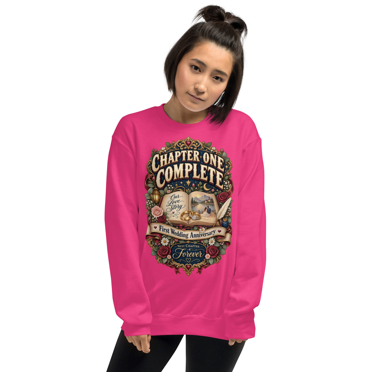 Chapter One Complete First Anniversary sweatshirt in Heliconia, front