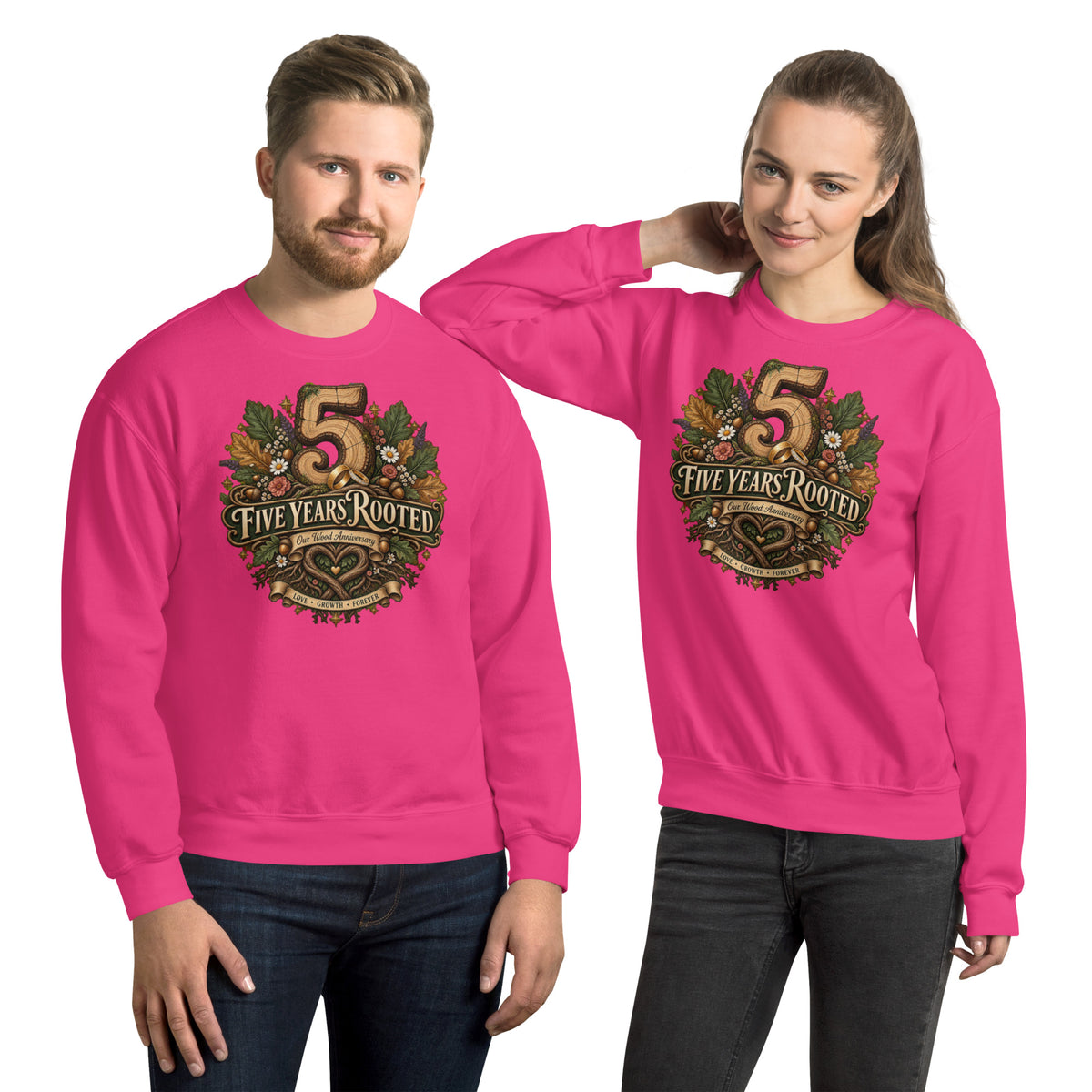 Five Years Rooted 5th Anniversary sweatshirt in Heliconia, front