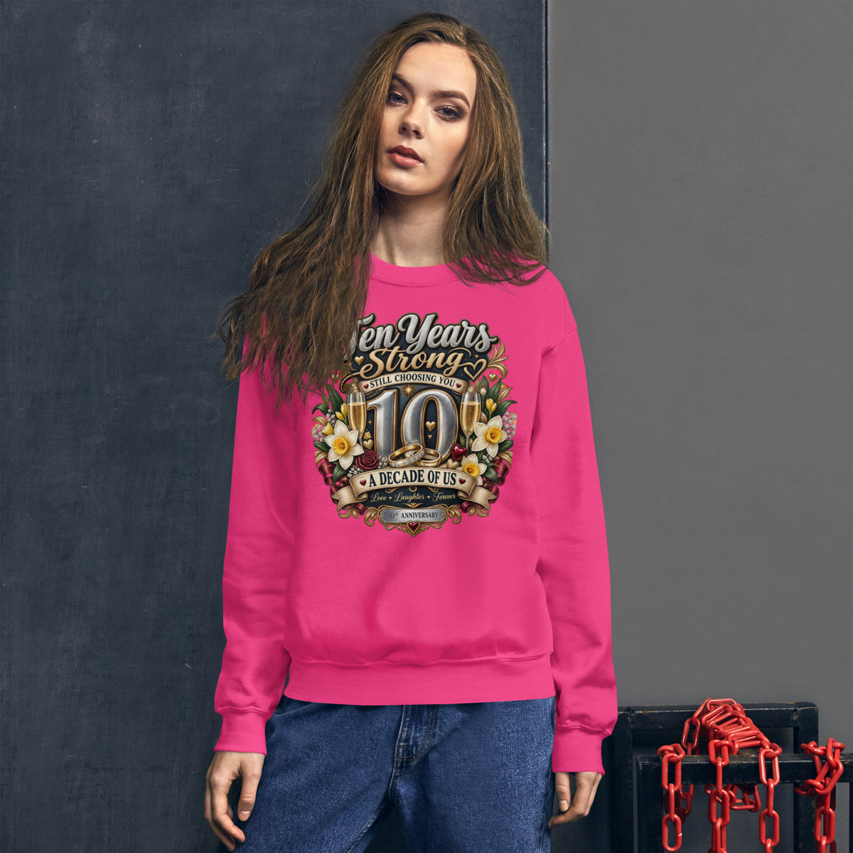 Ten Years Strong 10th Anniversary sweatshirt in Heliconia, front