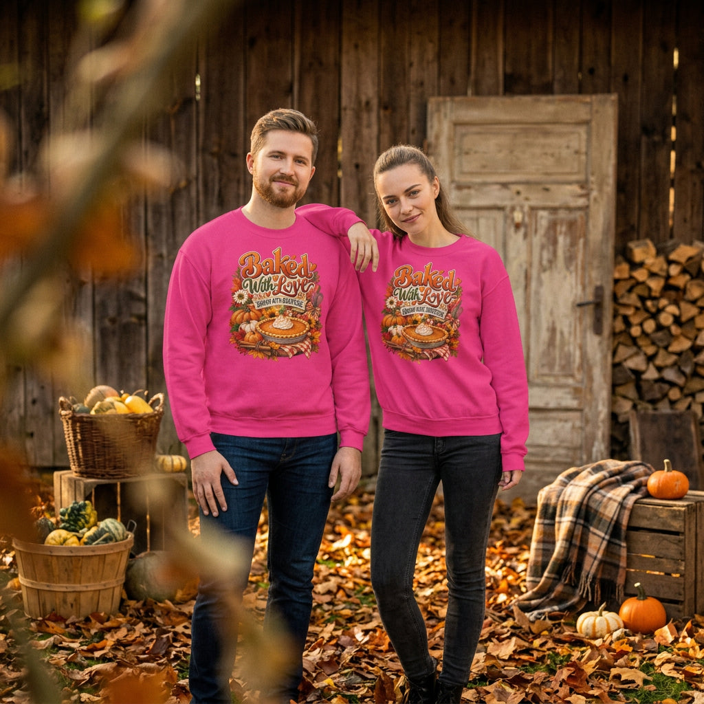 A man and a woman modeling matching bright pink crewneck sweatshirts with a large autumn-themed graphic on the chest that reads 'Baked With Love' and shows pie, pumpkins, and fall leaves.