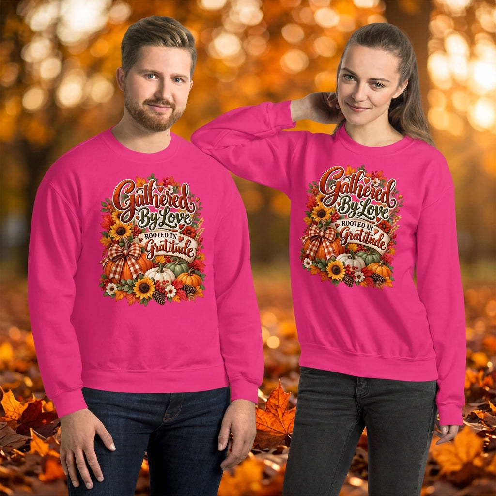 A man and a woman modeling matching bright pink crewneck sweatshirts with a large autumn-themed graphic on the chest that reads 'Gathered By Love Powered by Gratitude' with pumpkins, sunflowers, and fall leaves.