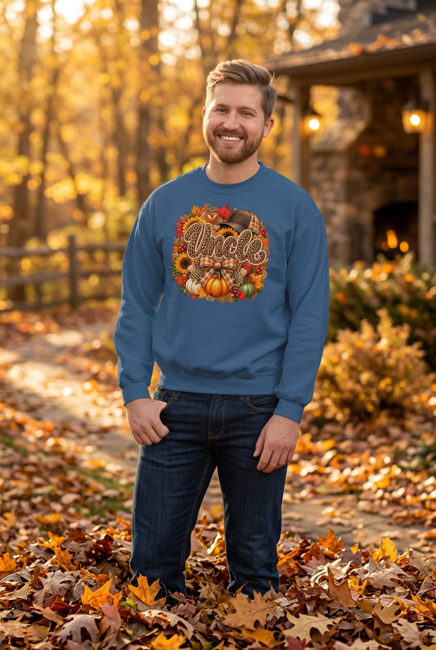 A smiling man wearing a blue crewneck sweatshirt with a colorful autumn-themed graphic that reads 'Uncle' surrounded by pumpkins, fall leaves, and a plaid bow. He is standing against a white painted brick wall.