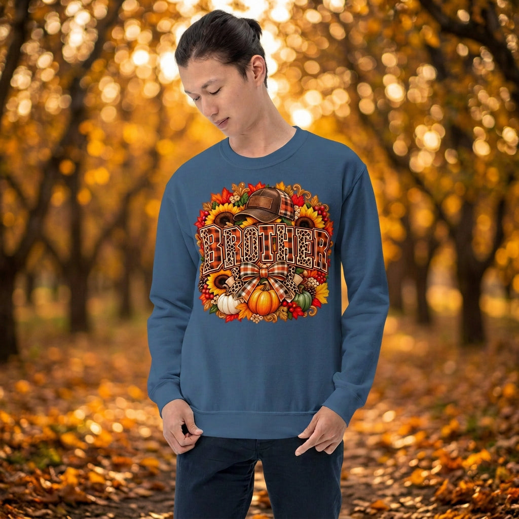 A man wearing a slate blue crewneck sweatshirt with a large, colorful autumn-themed graphic on the chest that reads 'BROther' in a plaid pattern, decorated with pumpkins, sunflowers, and a cowboy hat. The background is solid white.
