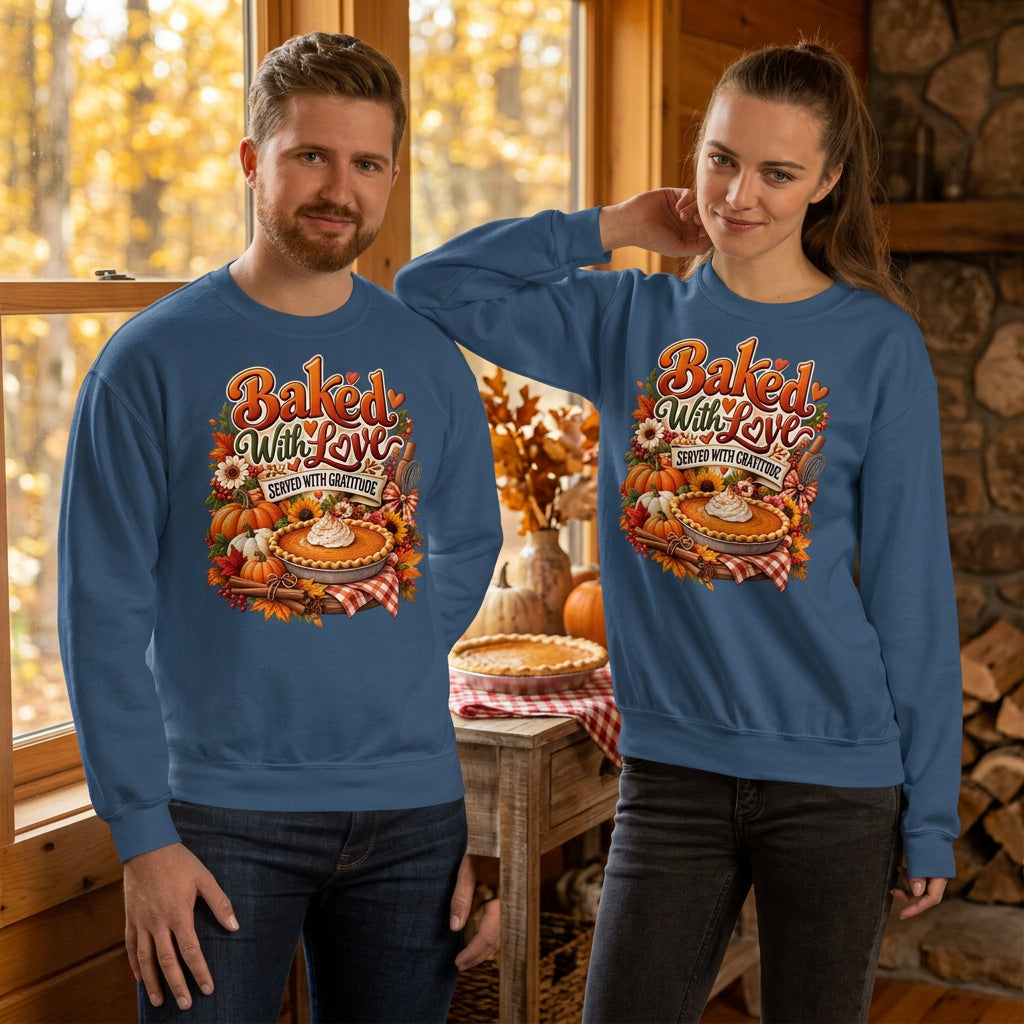 A man and a woman modeling matching blue crewneck sweatshirts with a large autumn-themed graphic on the chest that reads 'Baked With Love' around a pie illustration.