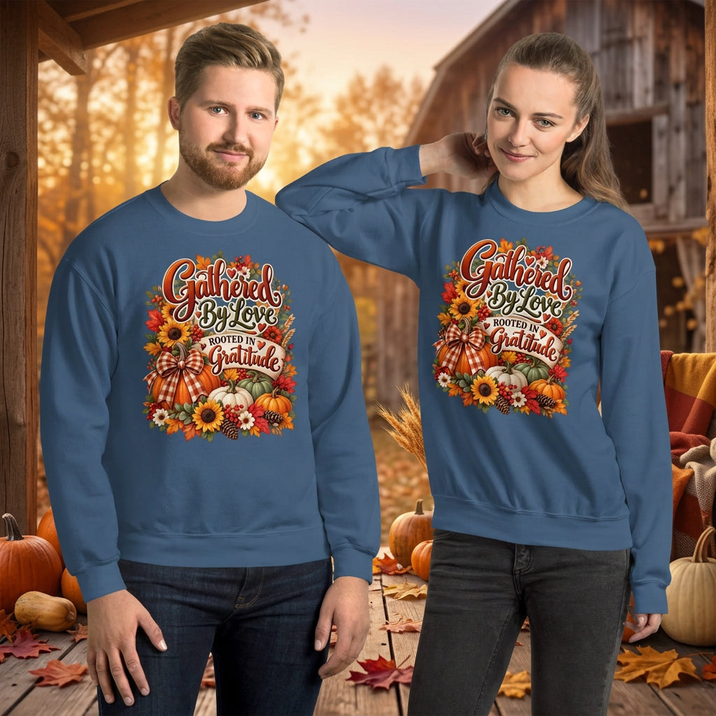A man and a woman modeling matching blue crewneck sweatshirts with a colorful autumn-themed graphic that reads 'Gathered By Love Mooted by Gratitude' surrounded by pumpkins, gourds, and sunflowers, on a plain white background.