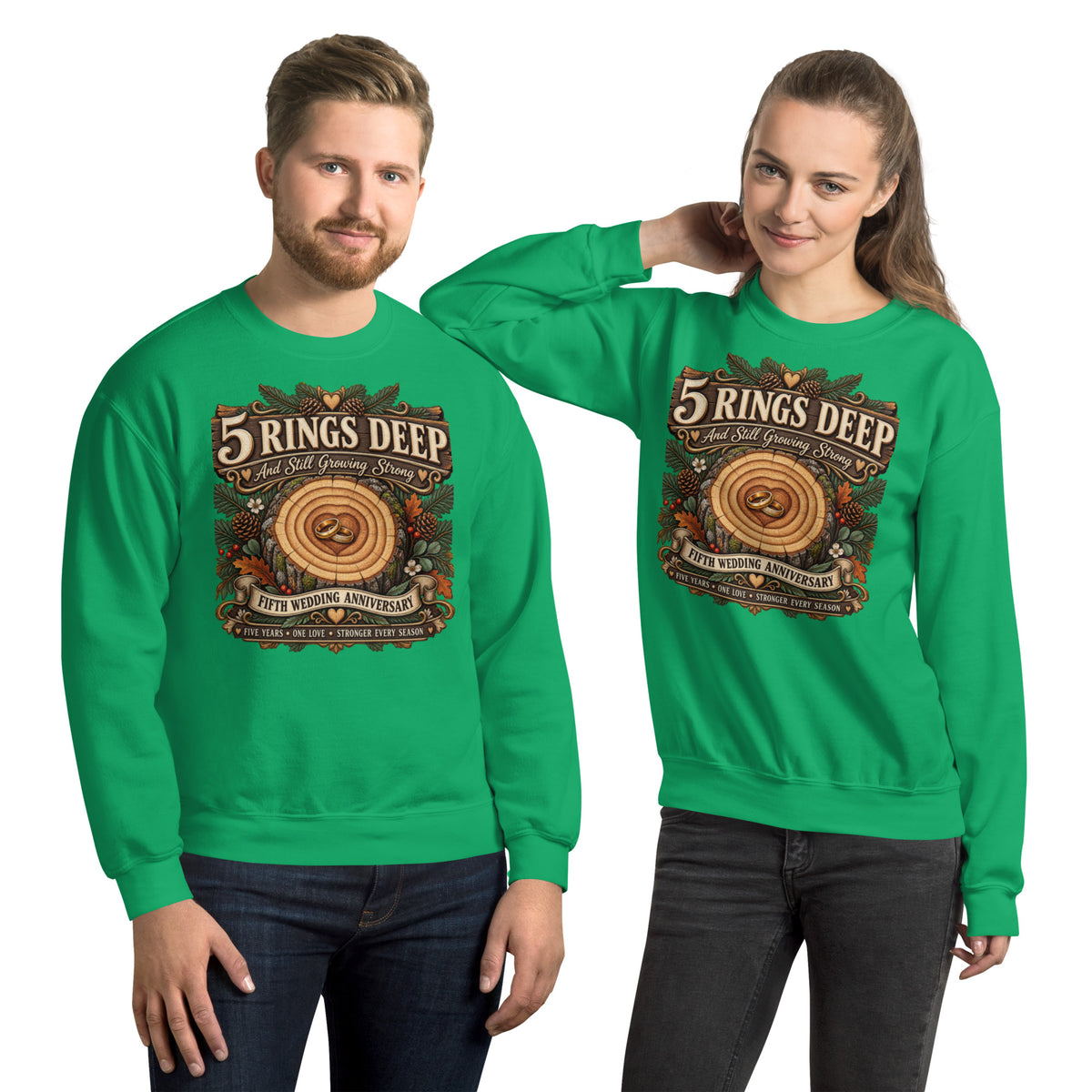 5 Rings Deep 5th Anniversary sweatshirt in Irish Green, front
