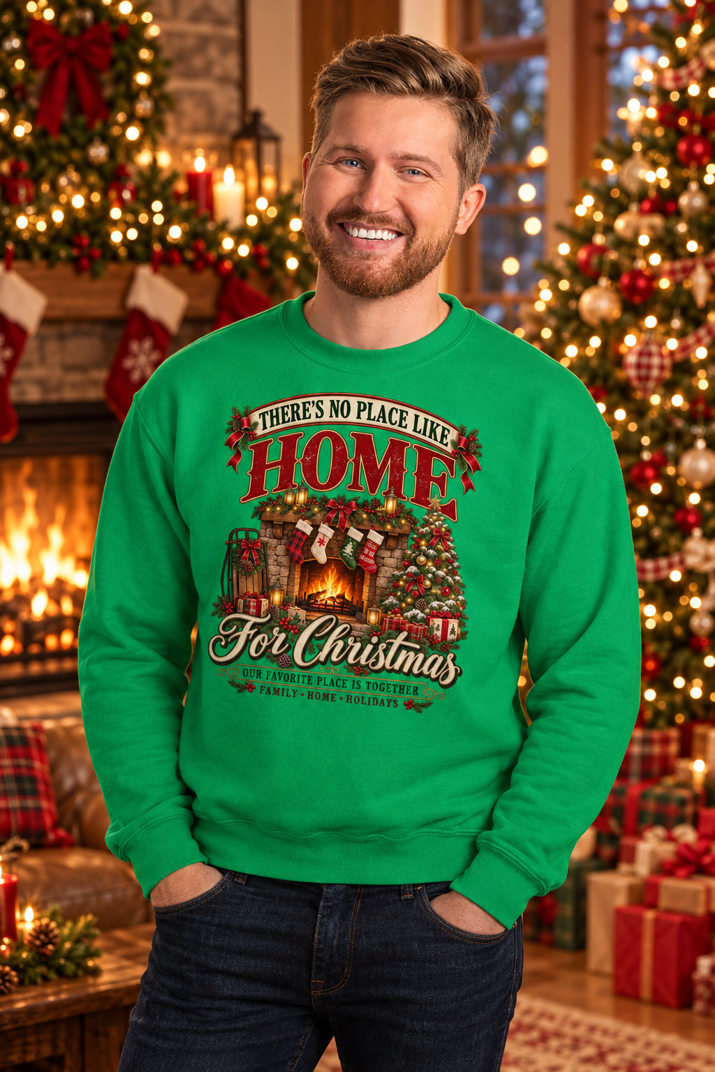 A smiling man wearing a bright green crewneck sweatshirt with a Christmas graphic that reads 'There's No Place Like Home For Christmas' with a fireplace and holiday tree illustration, standing against a white brick wall.