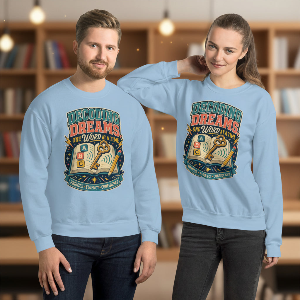 Decoding Dreams Reading Teacher sweatshirt in Light Blue, front
