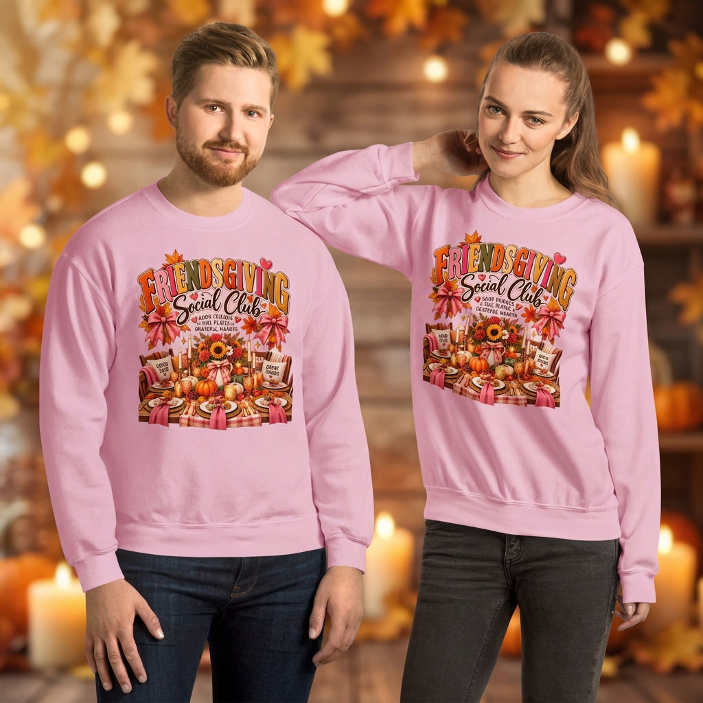 A man and a woman modeling matching light pink crewneck sweatshirts with a large Thanksgiving Social Clubs graphic on the front, set against a plain white background.