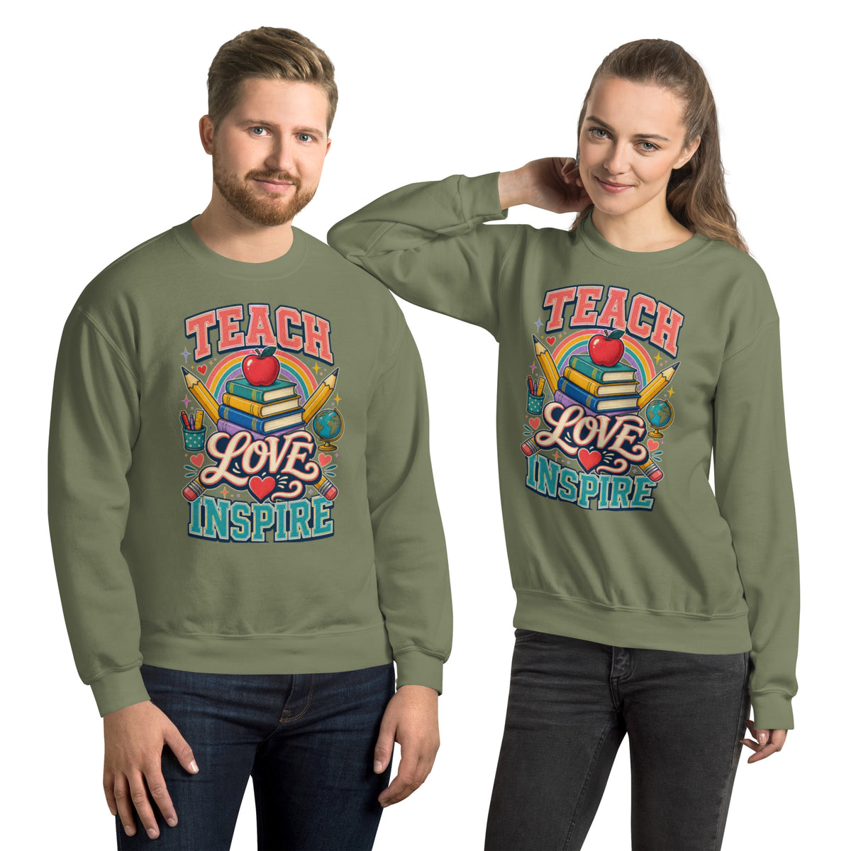 Teach Love Inspire Colorful Teacher sweatshirt in Military Green, front