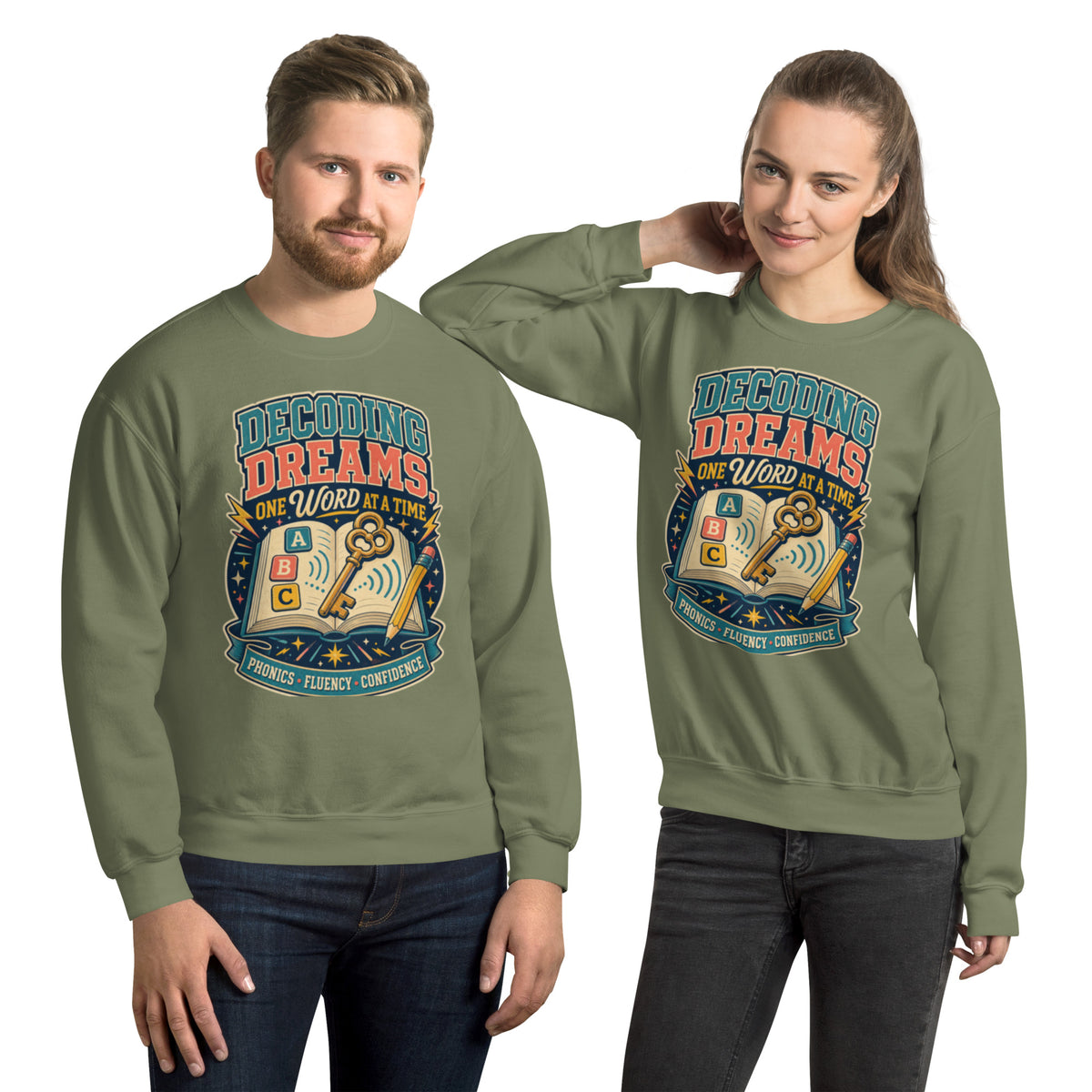 Decoding Dreams Reading Teacher sweatshirt in Military Green, front
