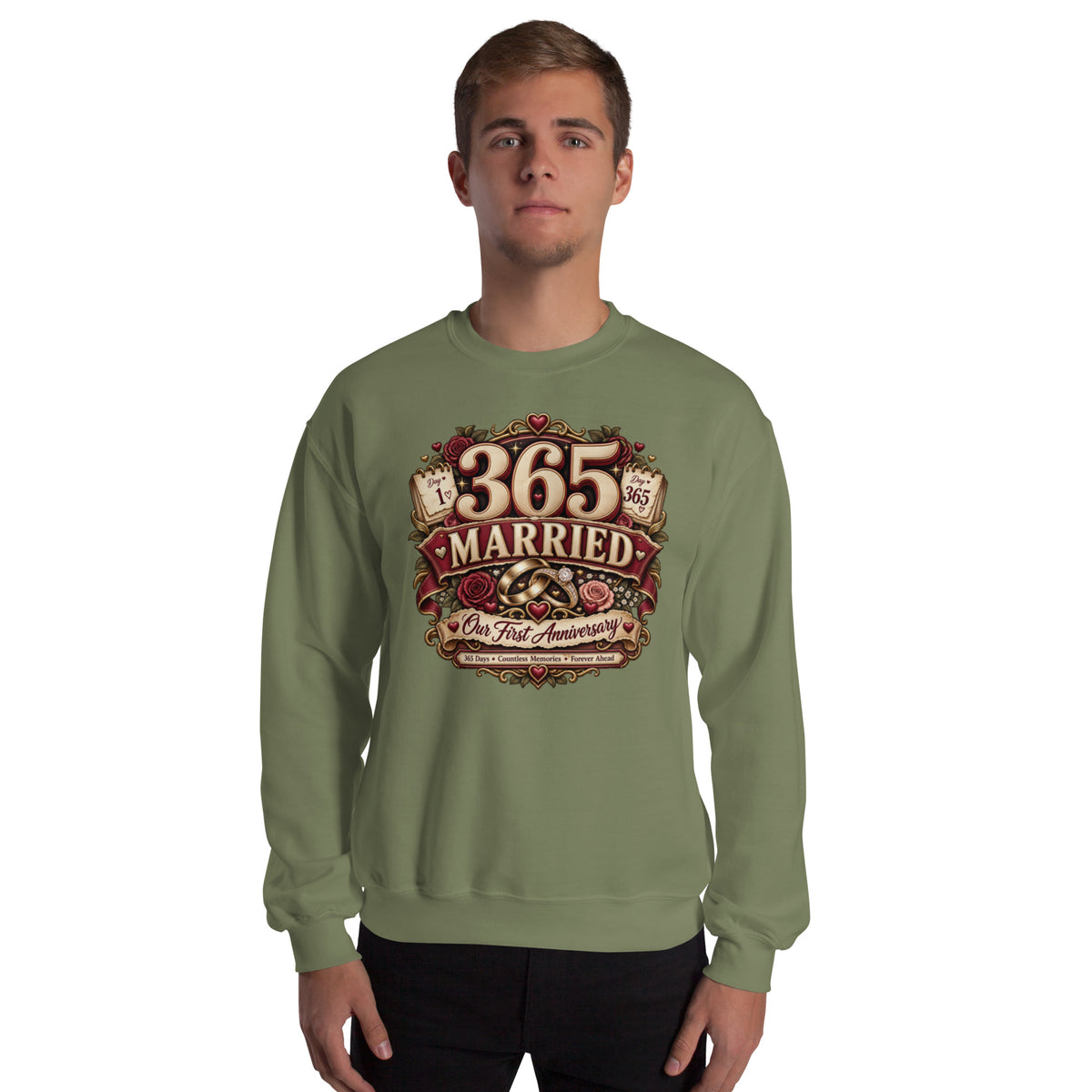 365 Days Married First Anniversary sweatshirt in Military Green, front