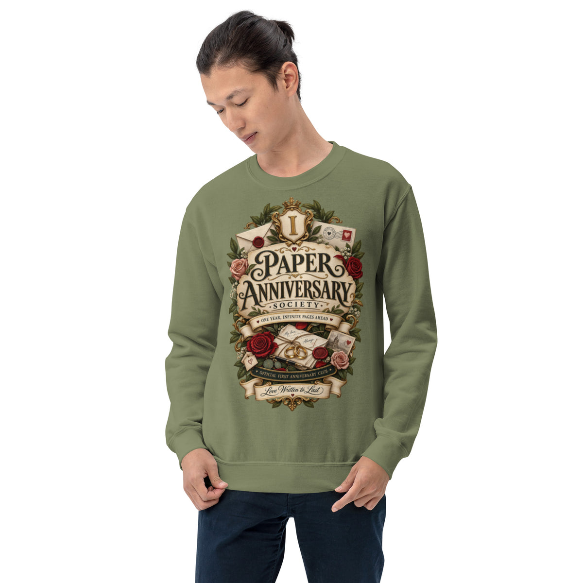 Paper Anniversary Society sweatshirt in Military Green, front