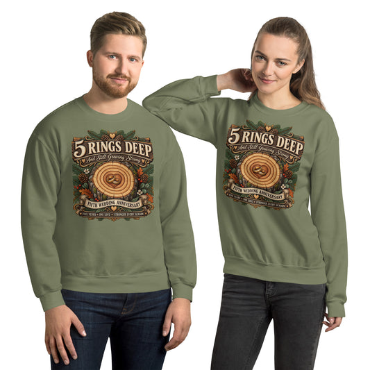 5 Rings Deep 5th Anniversary sweatshirt in Military Green, front