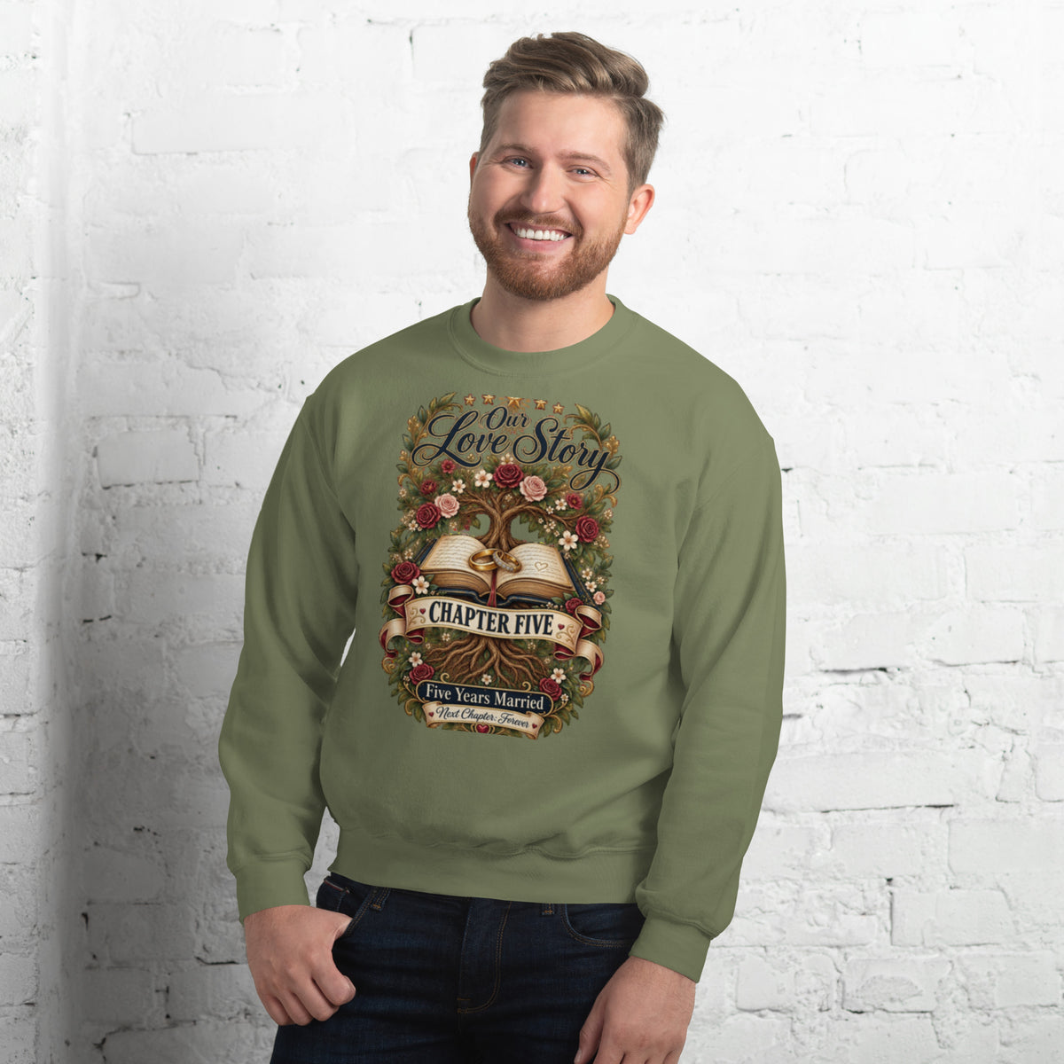 Our Love Story Chapter Five Anniversary sweatshirt in Military Green, front