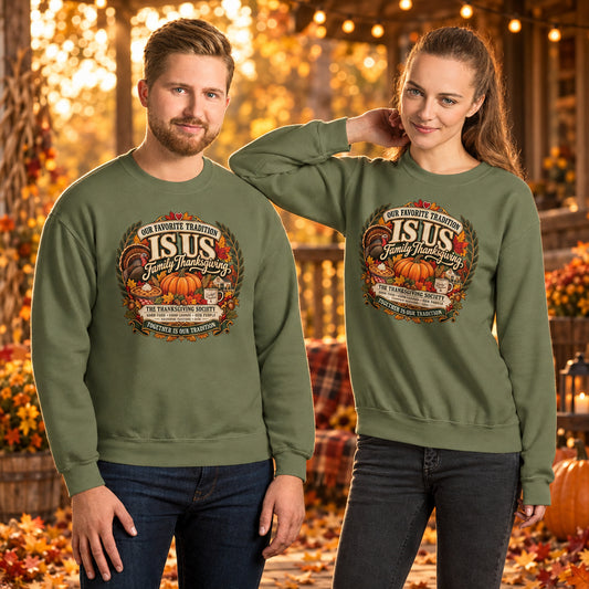 Two people wearing green sweatshirts with a printed message on a white background