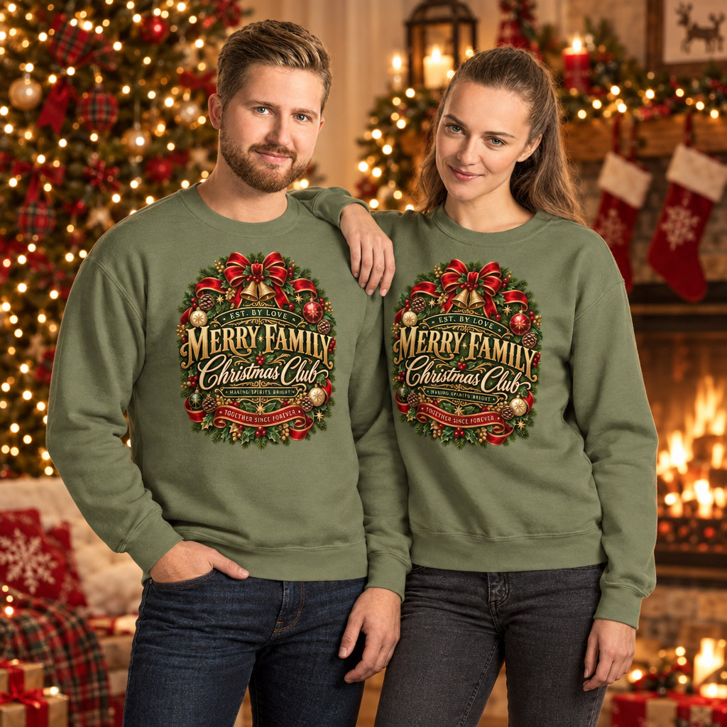 A man and a woman modeling matching sage green crewneck sweatshirts with a festive Christmas graphic that reads 'Merry Family Christmas Club' surrounded by red bows, green garlands, and gold ornaments.