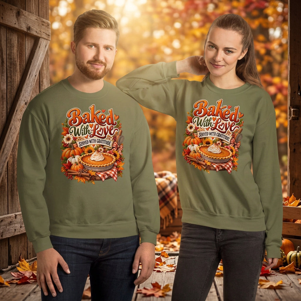 A man and a woman modeling matching sage green crewneck sweatshirts with a large autumn-themed graphic on the chest that reads 'Baked With Love' around a pie illustration.