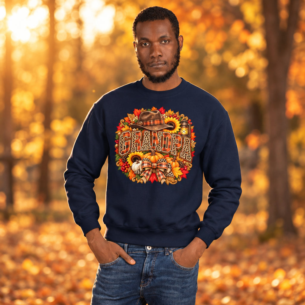 A man wearing a navy blue crewneck sweatshirt with a large, colorful autumn-themed graphic on the chest that reads 'GRANDPA' surrounded by fall leaves, pumpkins, and a cowboy hat. He is also wearing blue jeans, set against a plain white background.
