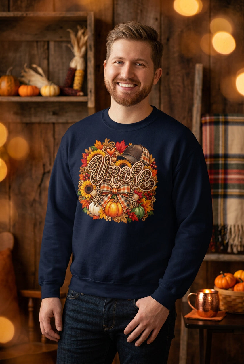 A smiling man wearing a navy blue crewneck sweatshirt with a colorful autumn-themed graphic that reads 'Uncle' surrounded by pumpkins, fall leaves, and a plaid bow. He is standing against a white painted brick wall.